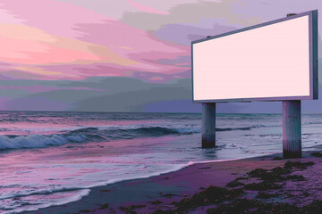 Wall Mural - A blank white billboard at the edge of a beach with waves gently touching its base and the sky painted in hues of pink and purple