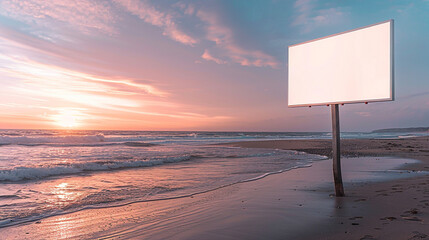 Sticker - A blank white billboard standing tall on a serene beach at sunset with gentle waves lapping at the shore