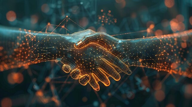 Handshake in digital futuristic style. The concept of partnership