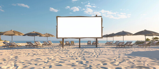 Sticker - A blank white billboard in the middle of a sandy beach with beach umbrellas and lounge chairs set up in the distance