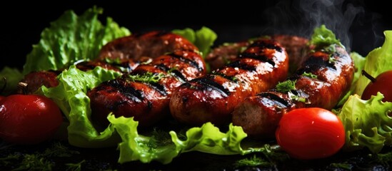 Canvas Print - grilled sausages lettuce leaves tomatoes close up. Creative banner. Copyspace image