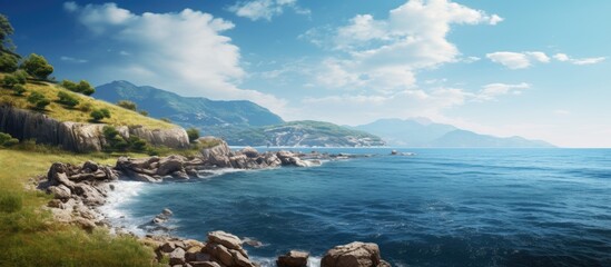 Poster - Picturesque sea coast against a backdrop of nature. Creative banner. Copyspace image