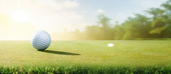 Sticker - golf ball near the putting green in a very sunny day. Creative banner. Copyspace image