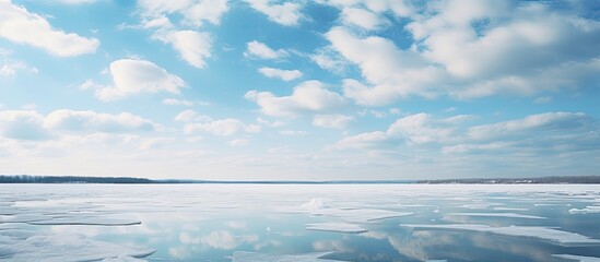 Poster - Spring ice drift on the river and cloudy sky. Creative banner. Copyspace image