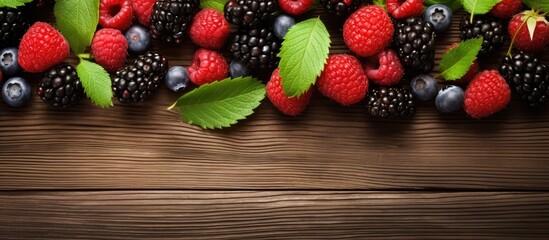 Poster - Fresh juicy berries with green leaves on wood texture. Creative banner. Copyspace image