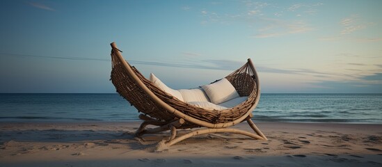 Poster - empty cradle with sea beach background. Creative banner. Copyspace image