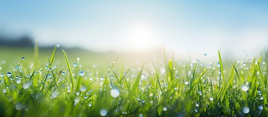 Wall Mural - Close up of fresh morning dew droplets on green spring grass with blue sky Bright outdoors blurred background. Creative banner. Copyspace image