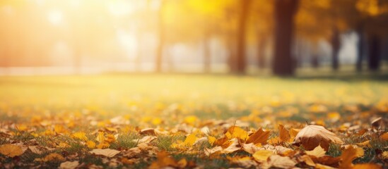 Poster - Fall background Season of the year Fallen dry yellow leaves lying on the grass Autumn park. Creative banner. Copyspace image