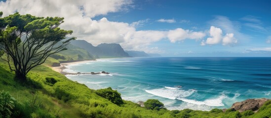 Poster - Stunning seaview with greenery mountain. Creative banner. Copyspace image