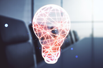 Poster - Abstract virtual light bulb hologram on a modern boardroom background, idea concept. Multiexposure