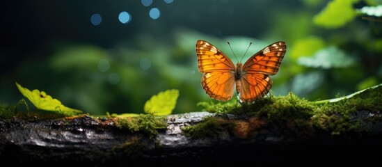 Poster - An orange butterfly perched on a leaf with one of its wings torn off. Creative banner. Copyspace image