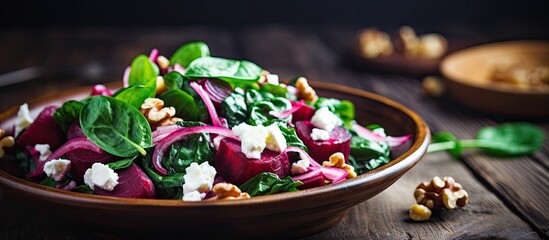 Aufkleber - Tasty spinach salad with boiled beetroot feta cheese walnut and red onion on wooden table Healthy vegetarian food. Creative banner. Copyspace image