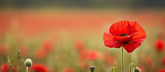 Poster - Singe red poppy in field. Creative banner. Copyspace image
