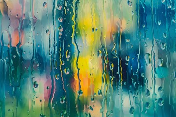 Poster - Close-up of raindrops on a glass pane, with each drop capturing a vibrant burst of color.