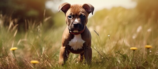 Poster - American Staffordshire Terrier Brown puppy Terrier Brown puppy. Creative banner. Copyspace image