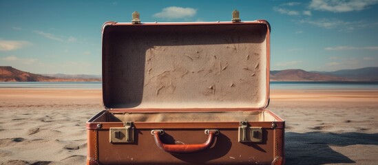 Poster - Open suitcase packed for travelling close up. Creative banner. Copyspace image