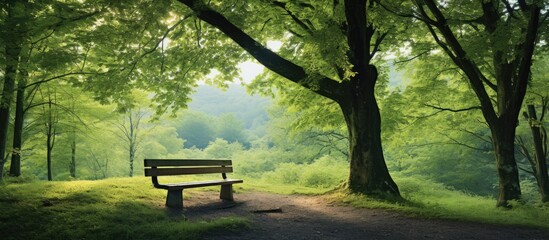 Poster - Cool forest scenery with a bench. Creative banner. Copyspace image