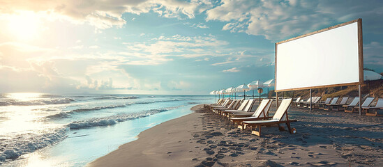 Wall Mural - A blank white billboard on a beach with a row of beach chairs and umbrellas set up the ocean waves gently rolling in and the sun high in the sky