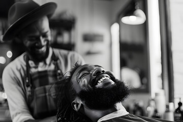 Shared Laughter: Barber and Client Share a Moment of Laughter