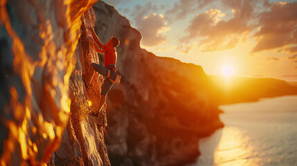  a rock climber is on the rock cliff, close up shot, high camera angle, sunset