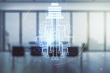Poster - Virtual creative light bulb with chip hologram on a modern boardroom background, artificial Intelligence and neural networks concept. Multiexposure