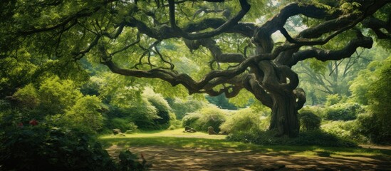 Canvas Print - I found in the garden a tree that is very shady and has many branches very beautiful. Creative banner. Copyspace image