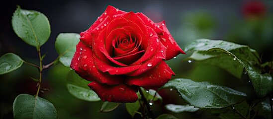 Poster - red rose in bloom sign of love. Creative banner. Copyspace image
