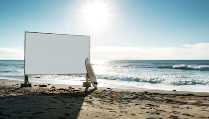 Wall Mural - A blank white billboard on a beach with a surfboard propped up against it the ocean waves rolling in and the sun shining brightly