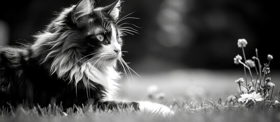 Poster - black and white cat lying on the grass in the backyard. Creative banner. Copyspace image
