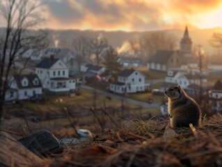 A cute cat is sitting on the top of the hill and looking at the beautiful sunset in the small countryside village.