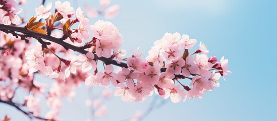 Fototapete - Blooming pink flowers on a tree. Creative banner. Copyspace image