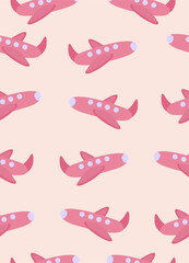 Wall Mural - Pattern cute pink aeroplane on light pink background.