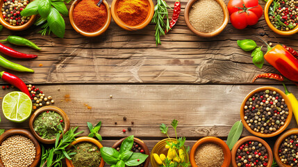 Wall Mural - A wooden table with a variety of spices and herbs in bowls