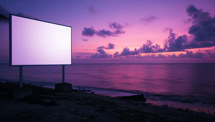 Wall Mural - A blank white billboard on a beach at twilight with the sky turning a deep purple and the first stars appearing the ocean calm and reflective