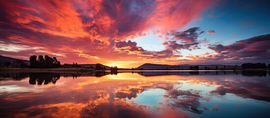 Poster - Beautiful sunrise on the lake with colour sky. Creative banner. Copyspace image