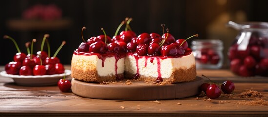 Wall Mural - piece of cherry cheesecake on table. Creative banner. Copyspace image