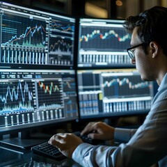Poster - Business Professional Analyzing Financial Charts on Multiple Monitors for Financial Planning Concept