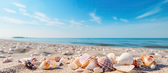 Leinwandbilder - shells on the beach in sand. Creative banner. Copyspace image