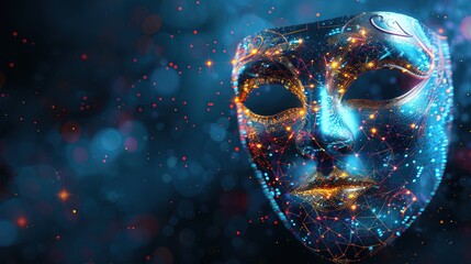 Abstract Panorama of a Glowing carnival mask Interconnected with Digital Nodes, Illustrating Cardiology on a Deep Blue Background 