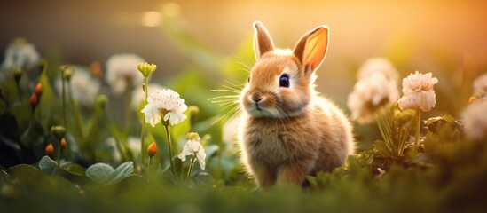 Poster - Cute little rabbit on green grass with natural bokeh as background during spring Young adorable bunny playing in garden Lovely pet at park. Creative banner. Copyspace image