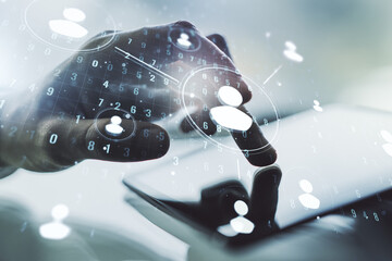 Poster - Social network media concept with finger presses on a digital tablet on background. Double exposure