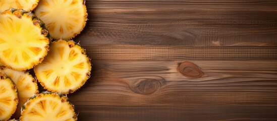 Aufkleber - Pineapple slices on a wooden background. Creative banner. Copyspace image