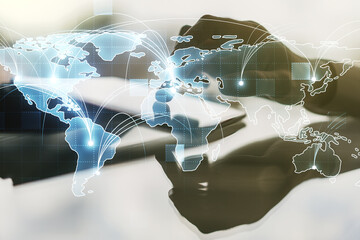 Aufkleber - Abstract graphic digital world map with connections and finger presses on a digital tablet on background, globalization concept. Multiexposure