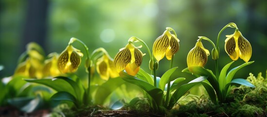 Poster - Bright yellow lady s slipper wild flowers growing in a natural setting with green vegetation as a background. Creative banner. Copyspace image