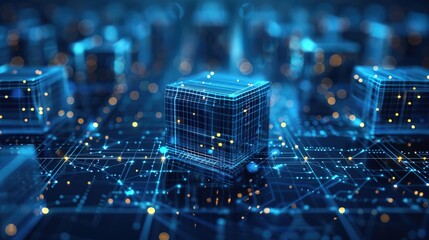 Cube technology on Converging point of circuit with Abstract blue background. Blockchain Network System. Big data storage processing, Cloud data, Internet Security, and Digital Technology