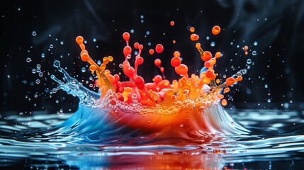 Poster - High-speed photograph of a colorful orange droplet splashing onto a water surface, creating a crown