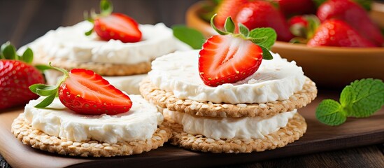 Poster - Round rice crackers with cream cheese and fresh fruit for dessert Vegetarian sandwiches with crispy bread and ripe strawberry. Creative banner. Copyspace image