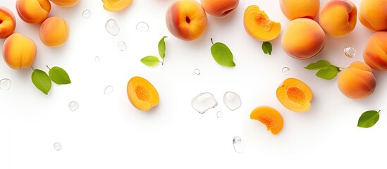 Poster - summer fruit concept set of fesh apricots falling isolated on white background with clipping path. Creative banner. Copyspace image