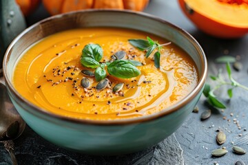 Poster - Tasty pumpkin cream soup with organic herbs and pumpkin seeds in vintage ceramic bowl.