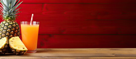 Poster - Fresh pineapple and pineapple juice on red wood table. Creative banner. Copyspace image